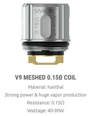 SMOK TFV9 0.15ohm meshed replacement coils, pack of 5, TPD compliant for TFV9 sub-ohm tanks.